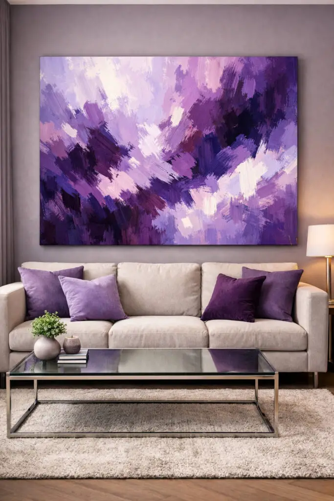 A contemporary purple living room where large purple-toned artwork serves as the focal point of the space. The room is a very well decorate living room with carefully arranged furniture and clean design choices. Above the sofa hangs an oversized abstract painting filled with lavender, violet, and deep plum brushstrokes. Below the artwork sits a plush neutral very cozy sofa layered with subtle purple cushions. A sleek glass-top empty coffee table stands in the middle of the room, maintaining the minimalist look while reflecting light. A textured rug, soft lighting, and a small decorative plant create a calm and modern environment that highlights the striking artwork.
