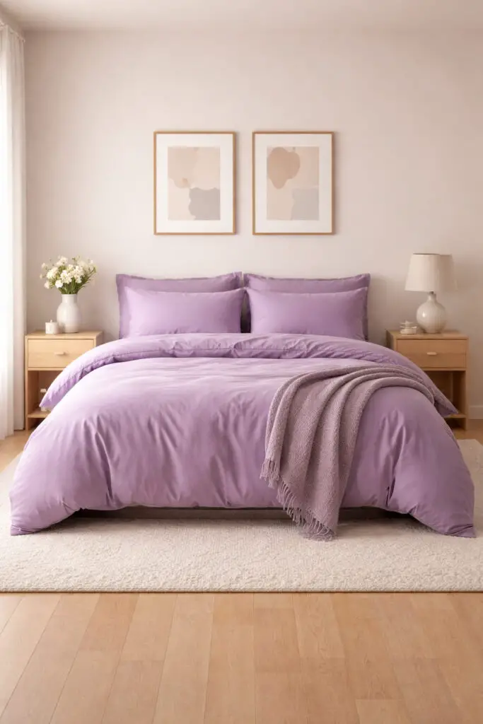 A minimalist purple bedroom where the focus is entirely on a striking purple bedding set, creating a very well decorated bedroom with a clean and simple layout. The very cozy bed is dressed in a rich lavender duvet complemented by matching pillows and a soft throw. Neutral walls and understated furniture allow the bedding to stand out. Gentle lighting and minimal accessories create a calm, uncluttered space that feels both stylish and inviting.