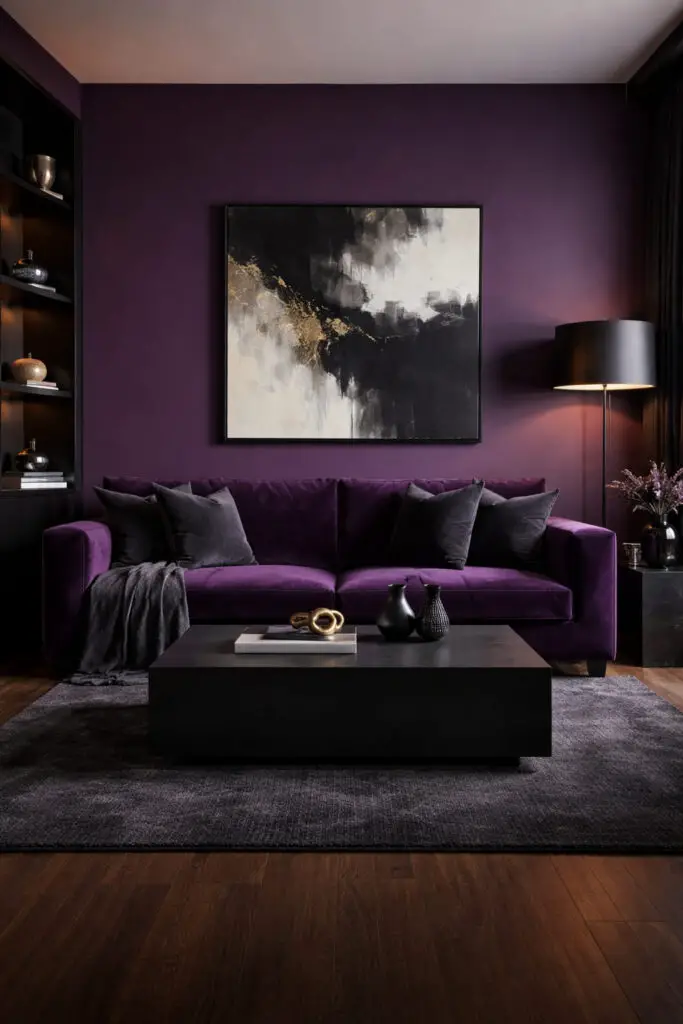 A bold and dramatic purple living room designed with striking purple and black contrasts. The walls are painted a rich eggplant shade, while sleek black shelving and a black floor lamp add a modern edge. This is clearly a very well decorate living room, with every element carefully arranged to create a stylish atmosphere. A luxurious deep-purple velvet very cozy sofa anchors the space, positioned opposite a modern rectangular empty coffee table with a matte black finish. The overall layout follows a minimalist style with only a few carefully chosen decorative pieces such as a metallic sculpture and a large framed abstract artwork. Soft ambient lighting and a dark textured rug add warmth, making the room feel both sophisticated and inviting.