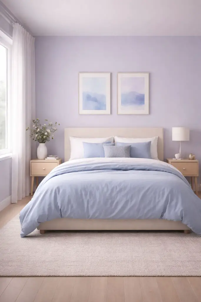 A calming purple bedroom blending soft lavender and cool blue tones, creating a very well decorated bedroom with a minimalist and serene atmosphere. The very cozy bed features layered bedding in shades of purple and blue, evoking a tranquil, sky-inspired palette. Light walls and clean-lined furniture maintain an open, uncluttered feel. Natural light gently fills the room, enhancing the soothing color harmony and making the space feel peaceful and balanced.