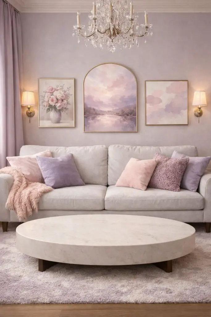 A soft and elegant purple living room designed with a romantic blend of purple and blush pink tones. The space feels like a very well decorate living room with gentle colors and cozy textures. A plush light-gray very cozy sofa sits in the center, decorated with lavender pillows and blush pink throws that add warmth and charm. In front of the sofa rests a smooth oval empty coffee table with a pale marble surface, maintaining a minimalist aesthetic. The room also features soft curtains, delicate wall art in pastel shades, and subtle lighting that enhances the calm, feminine atmosphere of the space.