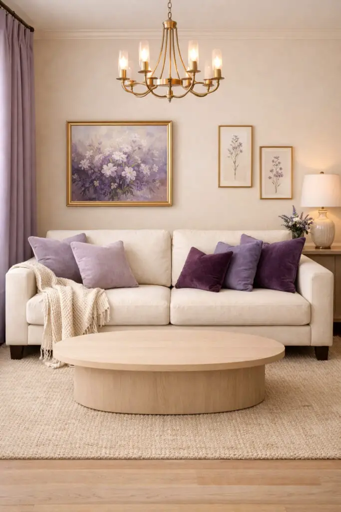A warm and relaxing purple living room styled with a soothing palette of purple, cream, and beige tones. The space feels like a very well decorate living room, thoughtfully designed to create comfort and elegance. Cream-colored walls brighten the room while lavender and plum accents add depth. A soft cream very cozy sofa sits at the center, layered with purple pillows and a cozy throw blanket. In front of the sofa stands a smooth oval empty coffee table made from pale wood, reinforcing the minimalist design. A beige textured rug and soft lighting create a welcoming and peaceful atmosphere throughout the space.
