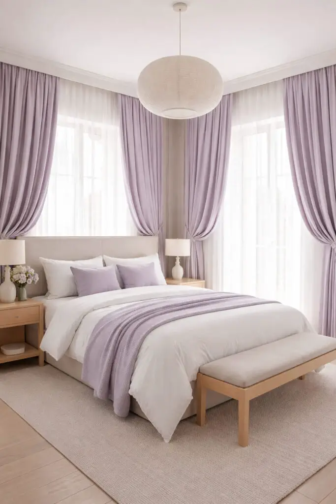 A serene purple bedroom featuring flowing lavender curtains that gently frame tall windows, creating a very well decorated bedroom with a minimalist and calming ambiance. The curtains softly diffuse natural light, casting a delicate glow across the space. At the center sits a very cozy bed layered with white linens and subtle purple accents, positioned against a neutral backdrop. Light wood furniture and minimal décor keep the room uncluttered, while the curtains act as the soft focal point, adding movement and elegance.