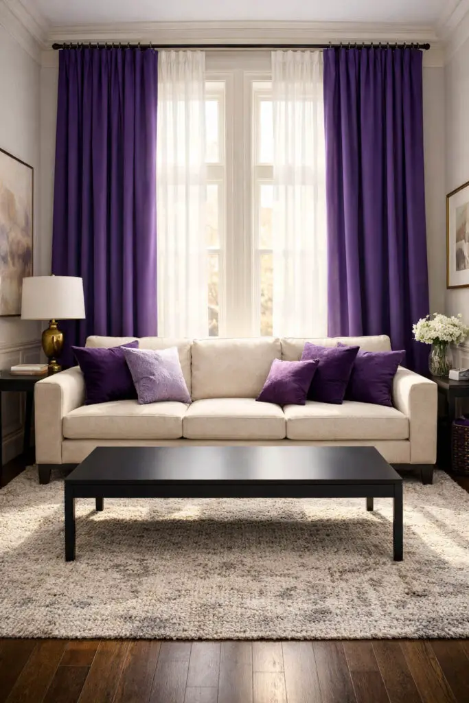 A bright and inviting purple living room highlighted by tall royal-purple curtains that frame large windows and draw the eye upward. The space is clearly a very well decorate living room, thoughtfully arranged to feel balanced and elegant. A soft neutral very cozy sofa sits beneath the window, styled with purple throw pillows that match the curtains. In front of the seating area is a sleek rectangular empty coffee table with clean edges, maintaining a minimalist aesthetic. A textured rug and subtle wall art complete the space while sunlight filters through the curtains, creating a warm and comfortable environment perfect for relaxing.