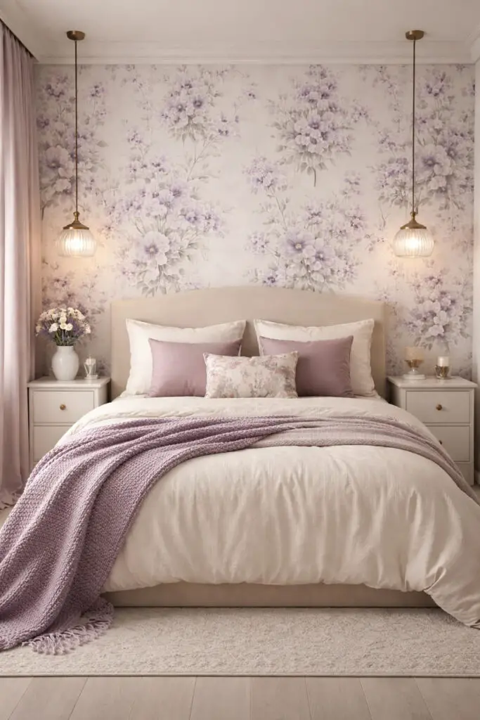 A romantic purple bedroom adorned with floral wallpaper featuring delicate lavender and violet blooms, styled as a very well decorated bedroom with a minimalist yet decorative approach. The very cozy bed is dressed in soft neutral linens with hints of purple in the cushions and throw. The wallpaper acts as a focal point, while the rest of the room remains simple and uncluttered. Soft lighting enhances the patterns, creating a charming and inviting space. The bed is well made