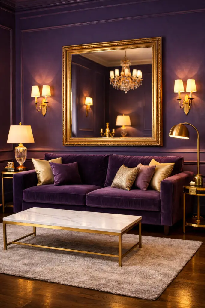 An elegant purple living room designed with luxurious purple and gold accents. The walls are painted a rich royal purple that instantly adds depth and sophistication. The space feels like a very well decorate living room with carefully chosen furnishings and metallic details. A plush velvet very cozy sofa in deep violet sits at the center, paired with gold-trimmed side tables and a warm brass floor lamp. In front of the sofa stands a simple marble-top empty coffee table that maintains the minimalist layout while adding subtle luxury. A large mirror with a gold frame reflects soft lighting across the room, creating a glamorous yet comfortable atmosphere.