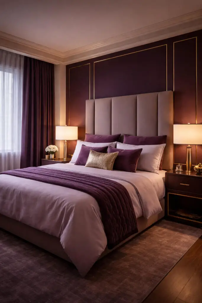 An elegant purple bedroom combining rich purple tones with warm gold accents, designed as a very well decorated bedroom with a minimalist yet glamorous feel. The very cozy bed features plush bedding in shades of plum and lavender, accented with gold-trimmed pillows. Gold lamps, a sleek mirror, and subtle décor pieces add a touch of luxury without overwhelming the space. Soft ambient lighting enhances the richness of the colors, creating a refined and cozy environment.