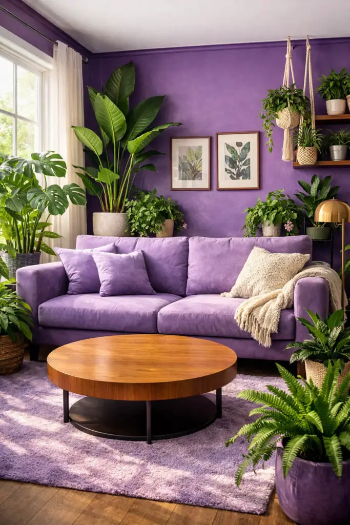 A vibrant and refreshing purple living room designed with an abundance of lush green plants that beautifully contrast with purple tones. The space feels like a very well decorate living room, blending natural elements with modern décor. A plush lavender very cozy sofa sits at the center, surrounded by leafy indoor plants placed in ceramic pots on the floor and shelves. In front of the sofa rests a sleek round empty coffee table with a smooth wooden surface that supports the minimalist design of the space. Soft natural lighting streams through large windows, highlighting the vivid green foliage against purple accents, creating a lively yet calming living room environment.