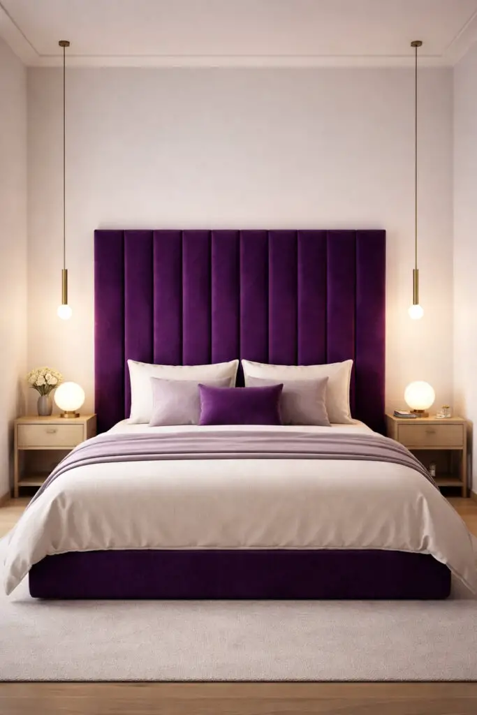 A striking minimalist hotel purple bedroom centered around a bold upholstered headboard in a deep violet shade, designed as a very well decorated bedroom with a minimalist and elegant layout. The very cozy bed is dressed in soft neutral linens with subtle purple accents, allowing the headboard to stand out as the focal point. Simple bedside tables and minimal décor keep the attention on the statement piece, while soft lighting enhances the richness of the color and texture. No throw blanket is on the bed