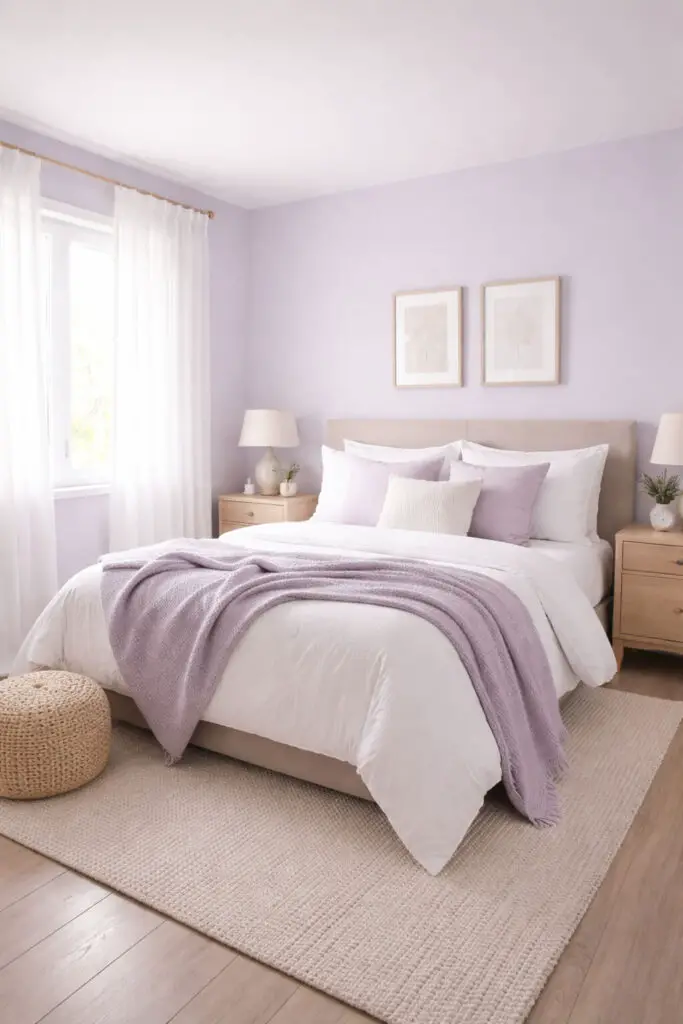 A purple bedroom featuring soft lavender-painted walls that create a light, airy atmosphere, styled as a very well decorated bedroom with a minimalist approach. The space includes a very cozy bed layered with crisp white linens, a lavender throw blanket, and plush pillows arranged neatly. Natural light filters through sheer white curtains, illuminating light wood furniture and subtle décor accents like a ceramic vase and a textured rug. The room feels calm, balanced, and uncluttered, with every element thoughtfully placed to enhance relaxation.