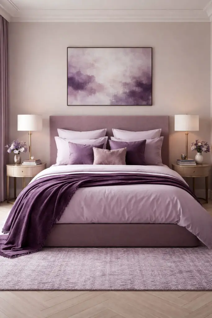 A visually dynamic a hotel purple bedroom showcasing multiple shades from pale lilac to deep aubergine, arranged in a very well decorated bedroom with a minimalist yet layered design. The very cozy bed features a gradient of purple bedding, with lighter sheets and darker throws and cushions. The walls remain a soft neutral to balance the colors, while subtle décor elements echo the purple palette. The space feels cohesive, rich, and thoughtfully styled without being overwhelming.