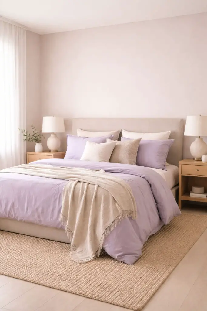 A hotel tranquil purple bedroom styled with soft lilac tones blended seamlessly with warm neutrals, forming a very well decorated bedroom with a minimalist and airy aesthetic. The very cozy bed is dressed in lilac bedding layered with beige and cream textures, creating a soothing palette. The walls are painted a pale neutral shade, enhancing the light and openness of the space. Subtle décor elements like a woven rug and simple ceramic pieces add warmth without cluttering the room. The bed is well made