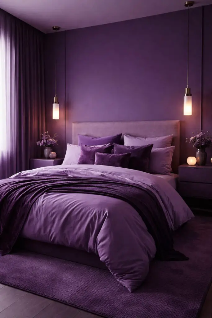 A bold and cohesive purple bedroom designed entirely around varying shades of purple, creating a very well decorated bedroom with a minimalist yet dramatic aesthetic. The very cozy bed features layers of lilac, violet, and deep plum bedding, seamlessly blending tones for a unified look. Walls, décor, and textiles all echo the same color family, while subtle texture variations keep the space visually engaging. Soft lighting enhances the richness, making the room feel both luxurious and harmonious.