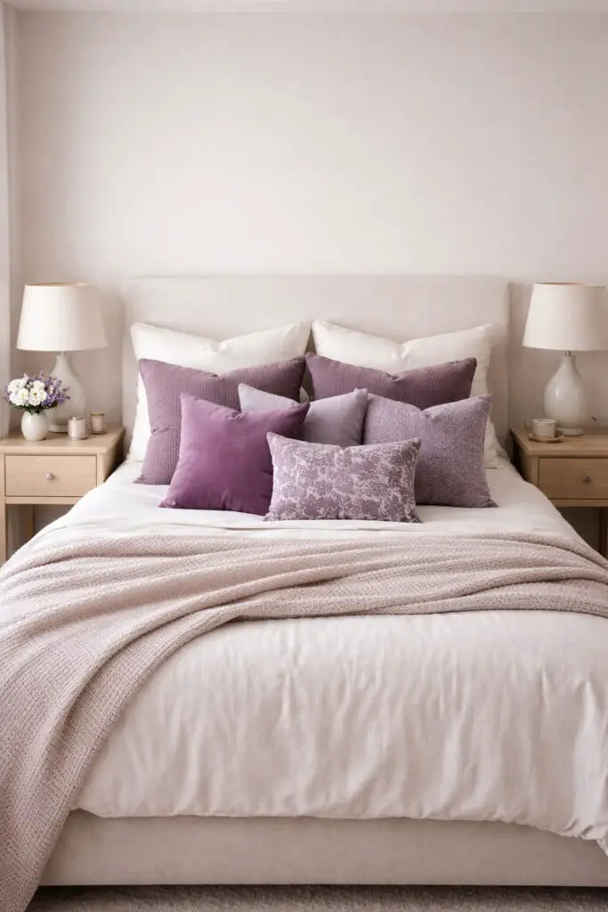 A hotel charming purple bedroom where decorative throw pillows take center stage, forming a very well decorated bedroom with a minimalist yet inviting feel. The very cozy bed is layered with neutral bedding and an array of purple pillows in different shades and textures, from velvet to soft cotton. The rest of the room remains simple, with clean furniture and minimal décor, allowing the pillows to add personality and visual interest without clutter.