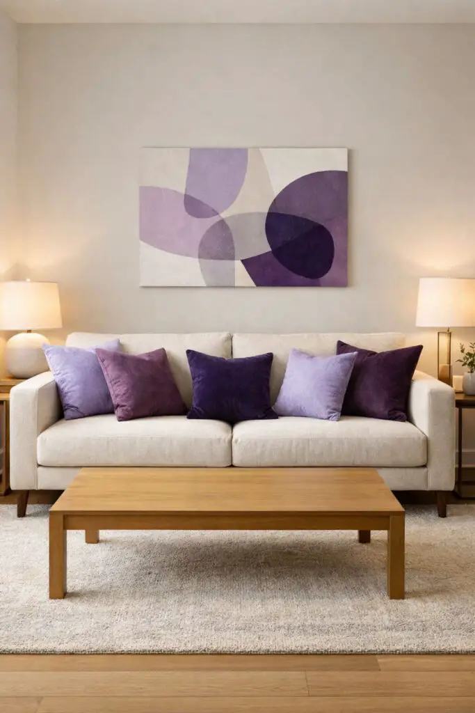 A modern purple living room designed with subtle purple accents rather than bold walls or furniture. The room is a very well decorate living room with a clean and balanced layout. A plush light-beige very cozy sofa serves as the centerpiece, decorated with a mix of lavender, plum, and violet throw pillows that bring color and personality. In front of the sofa sits a smooth wooden empty coffee table, reinforcing the minimalist design of the space. A neutral rug, soft ambient lighting, and a single piece of abstract wall art complete the look. The room feels calm, stylish, and effortlessly comfortable with purple touches adding charm without overwhelming the design.