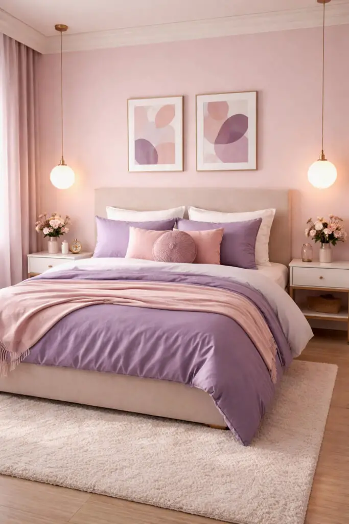 A lively purple bedroom combining soft lavender tones with playful pink accents, forming a very well decorated bedroom with a minimalist yet cheerful atmosphere. The very cozy bed features a mix of purple and blush pink bedding layered for comfort and style. Light walls and simple furniture keep the space feeling open, while the color combination adds energy and charm. Soft textures and gentle lighting enhance the cozy, inviting feel.