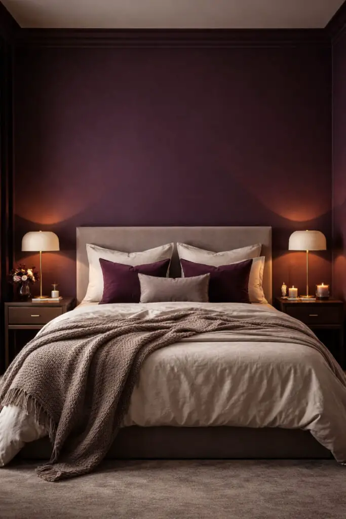 A dramatic purple bedroom with deep plum walls enveloping the space in warmth, designed as a very well decorated bedroom with a minimalist yet luxurious aesthetic. At the center is a very cozy bed dressed in soft neutral bedding with velvet plum cushions and a textured throw. Gold accents from bedside lamps , while soft ambient lighting enhances the richness of the walls. The overall look is bold yet refined, with minimal clutter and carefully curated décor.