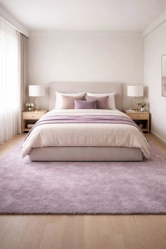 A stylish hotel purple bedroom anchored by a plush lavender rug that adds warmth and depth, creating a very well decorated bedroom with a minimalist and balanced design. The very cozy bed is layered with soft neutral bedding and subtle purple accents, positioned above the textured rug. The floor covering ties the entire room together, while light-colored walls and simple furniture maintain an uncluttered look. Natural light highlights the softness of the rug, enhancing the cozy atmosphere.
