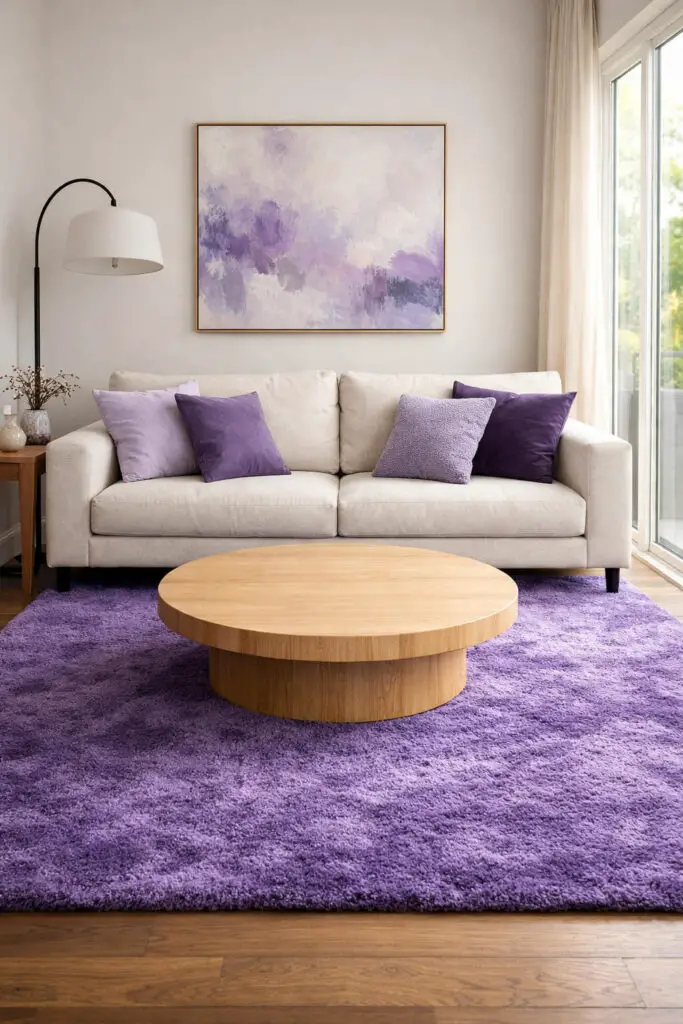 A stylish purple living room where a plush purple area rug defines the seating area and adds warmth to the space. The room feels like a very well decorate living room, thoughtfully arranged with balanced textures and colors. A soft neutral very cozy sofa sits comfortably above the rug, decorated with lavender and violet cushions. At the center of the rug is a smooth round empty coffee table made from light wood, emphasizing the minimalist style of the room. The surrounding décor includes a modern floor lamp, a simple wall painting with hints of purple, and large windows that allow natural light to highlight the vibrant rug.