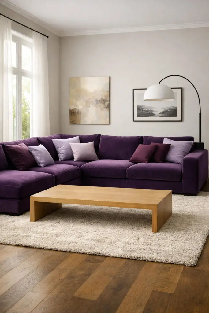 A spacious and inviting purple living room centered around a large L-shaped sectional sofa upholstered in rich eggplant velvet. The room is a very well decorate living room with a thoughtfully arranged layout that encourages comfort and conversation. The plush sectional functions as the very cozy sofa, wrapping around the seating area and layered with soft lavender and plum pillows. In front of it sits a sleek rectangular empty coffee table made from light wood, reinforcing the clean minimalist style. A neutral textured rug anchors the space while tall windows allow natural light to highlight the luxurious purple upholstery. Subtle wall art and a modern floor lamp complete the balanced, contemporary design.