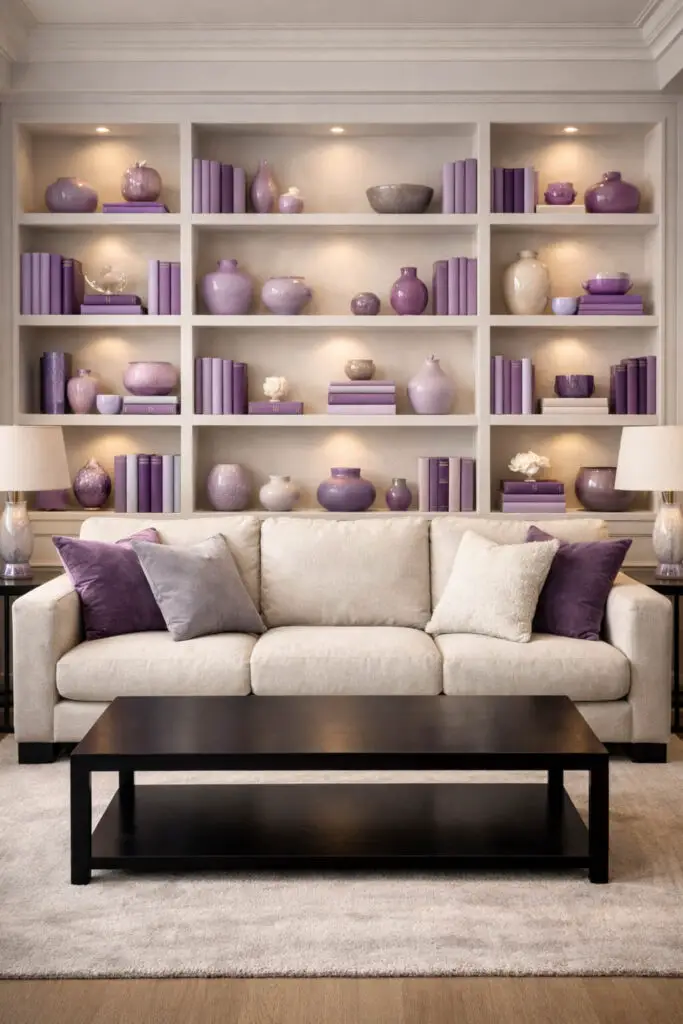 A refined purple living room featuring stylish built-in shelving decorated with subtle purple accents. The space is a very well decorate living room with organized displays and balanced furniture placement. White built-in shelves line one wall, holding purple-covered books, small ceramic vases, and decorative bowls in shades of lilac and violet. In front of the shelves sits a plush neutral very cozy sofa designed for comfort and relaxation. A sleek rectangular empty coffee table occupies the center of the room, reinforcing the minimalist layout. Soft lighting highlights the decorative shelving while maintaining a calm and elegant living room environment.