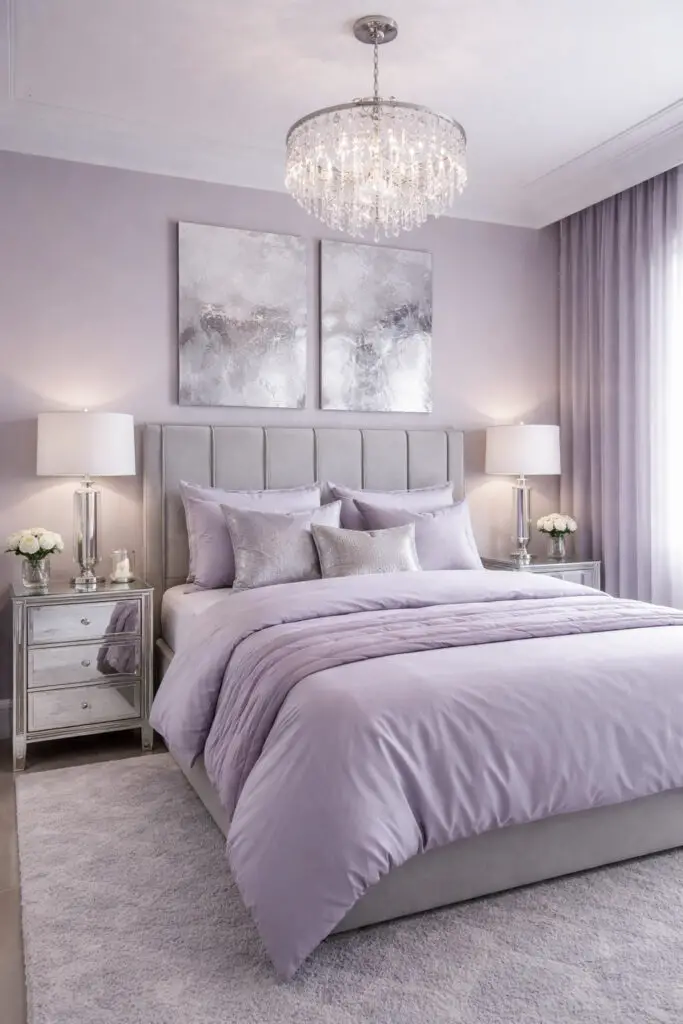 A sleek purple bedroom combining cool lavender tones with shimmering silver accents, styled as a very well decorated bedroom with a minimalist and modern edge. The very cozy bed features soft purple bedding complemented by metallic silver pillows and a mirrored bedside table. Silver lamps and subtle reflective surfaces add a polished touch without overwhelming the space. The clean lines and cool color palette create a crisp, sophisticated environment.