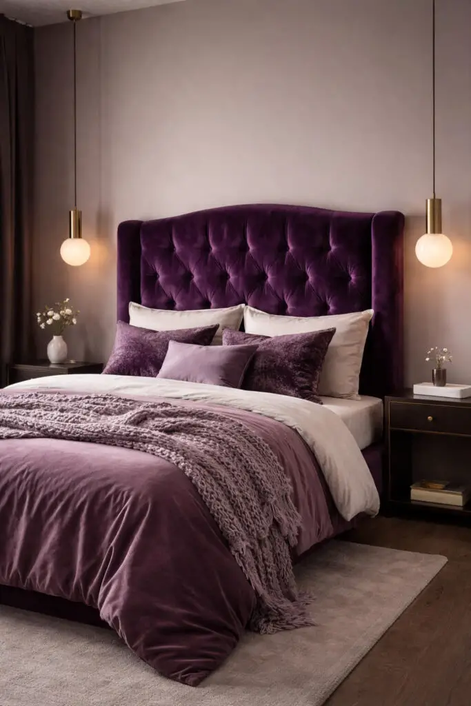 A rich purple bedroom centered around a plush velvet headboard in a deep amethyst shade, designed as a very well decorated bedroom with a minimalist yet luxurious touch. The very cozy bed is layered with soft linens, velvet cushions, and a textured throw that enhances the tactile appeal. Soft lighting reflects off the velvet, adding a gentle sheen. The room includes minimal décor—just a sleek nightstand and a small decorative piece—allowing the textures and color to stand out beautifully.