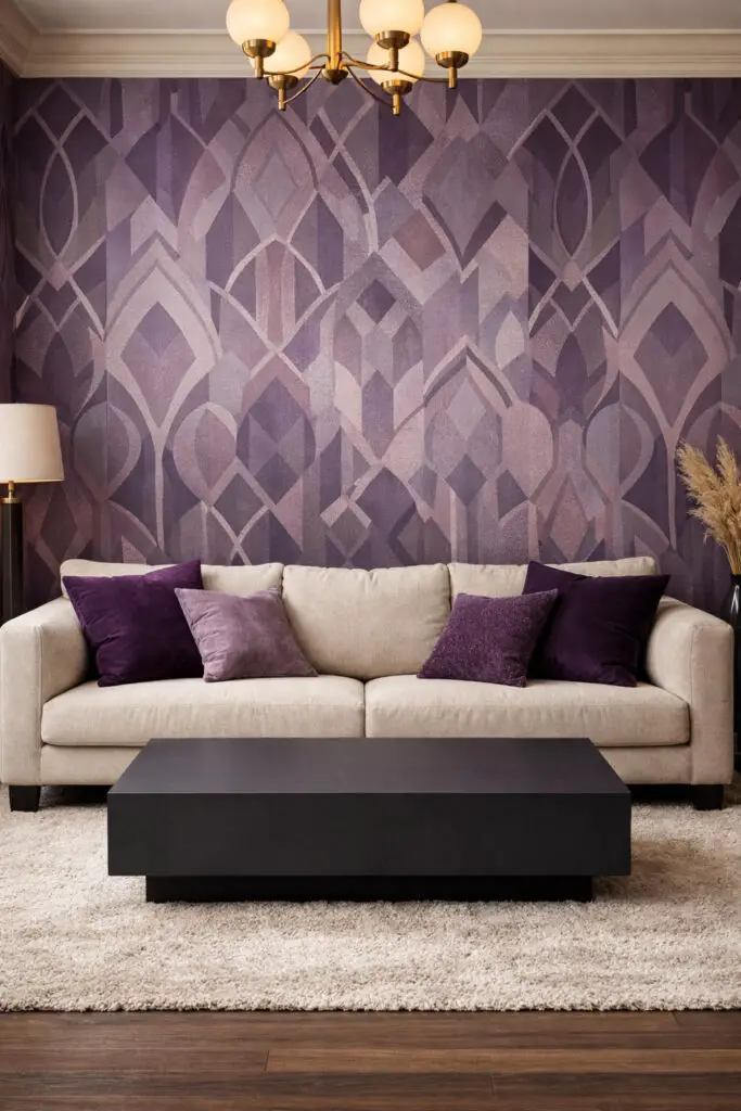 A visually striking purple living room featuring a bold purple patterned wallpaper that adds character and depth to the space. The room is a very well decorate living room with an elegant arrangement of furniture and carefully balanced design elements. The wallpaper includes subtle geometric patterns in shades of lavender and plum, creating a sophisticated focal wall. A plush neutral very cozy sofa sits in front of the wallpaper, decorated with matching purple cushions. In the center of the room stands a sleek rectangular empty coffee table with a matte finish that complements the minimalist layout. Soft lighting and a textured rug complete the refined setting.