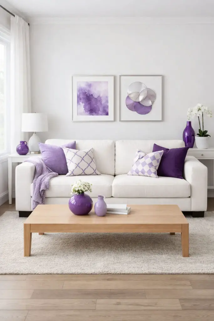 A bright and airy purple living room designed around a crisp purple and white color palette. The space is a very well decorate living room with clean lines and balanced tones. White walls and white curtains reflect natural sunlight, while purple accents appear through decorative pillows, a soft throw blanket, and subtle wall décor. A plush white very cozy sofa sits at the center of the room, inviting relaxation while maintaining elegance. In front of it rests a sleek rectangular empty coffee table made of light wood with smooth edges, reinforcing the minimalist aesthetic. A soft neutral rug lies beneath the table, and a few purple decorative items such as a ceramic vase and framed artwork gently tie the palette together without overwhelming the calm space.