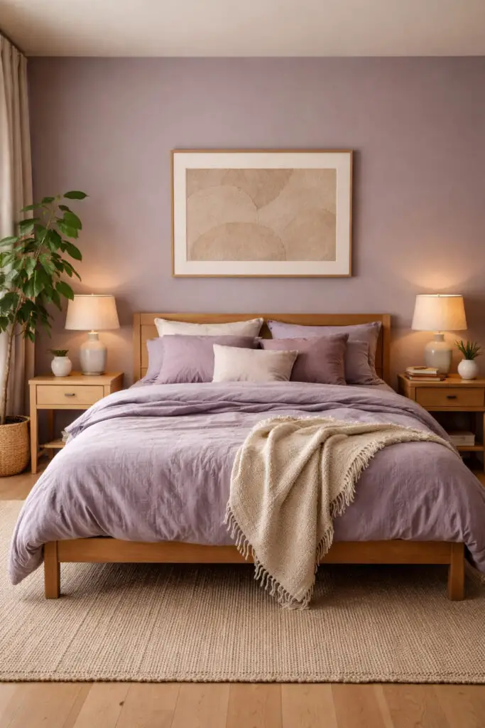 A warm and inviting purple bedroom blending soft purple tones with natural wood elements, creating a very well decorated bedroom with a minimalist and grounded aesthetic. The very cozy bed features lavender bedding paired with wooden bedside tables and a simple wood bed frame. The natural textures of the wood balance the color, adding warmth and depth. Soft lighting and minimal accessories enhance the cozy, earthy atmosphere.