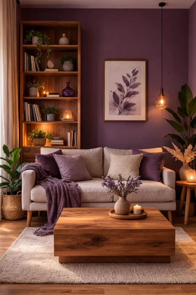 A warm and inviting purple living room that beautifully combines purple tones with natural wood elements. The space is a very well decorate living room with a harmonious blend of color and texture. Soft plum-colored walls provide a rich backdrop, while wooden furniture pieces such as a walnut bookshelf, oak side tables, and wooden flooring add earthy warmth. A plush upholstered very cozy sofa in a light neutral shade sits comfortably in the center of the room. In front of it stands a simple wooden empty coffee table with a smooth natural finish, reinforcing the minimalist design. A soft woven rug and subtle decorative plants complete the welcoming atmosphere.