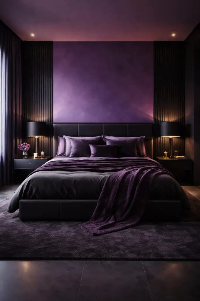 A bold hotel purple bedroom featuring a striking contrast between deep purple tones and sleek black elements, designed as a very well decorated bedroom with a minimalist edge. The very cozy bed includes dark bedding with purple accents, set against a rich violet wall. Black furniture pieces, such as a modern bed frame and bedside lamps, add structure and drama. Subtle metallic touches and soft lighting balance the intensity, creating a sophisticated and edgy atmosphere.
