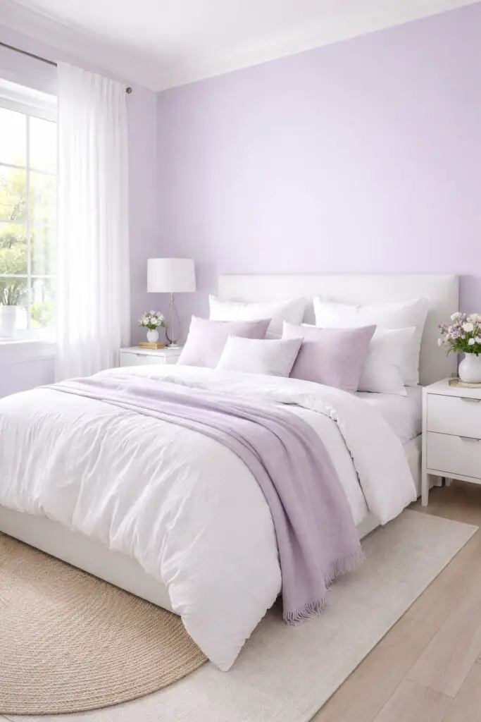 A bright and refreshing purple bedroom where soft violet tones are paired with crisp white accents, creating a very well decorated bedroom with a minimalist and clean aesthetic. The very cozy bed is dressed in layered white bedding with subtle purple pillows, positioned against a softly painted lavender wall. White furniture, including an empty sleek bedside table, enhances the airy feel. Natural light floods the room, highlighting the contrast and giving the space a fresh, inviting atmosphere.
