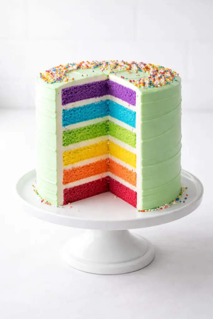 A tall rainbow layer cake dessert displayed as a single slice on a white porcelain plate, placed on a bright plain white empty kitchen countertop. The slice reveals clearly defined layers in red, orange, yellow, green, blue, and purple, separated by smooth white frosting. The exterior is coated in pastel green buttercream applied evenly with subtle spatula texture. Natural light illuminates the vibrant colors and creates soft highlights on the creamy frosting, while a few rainbow sprinkles rest neatly beside the slice.
