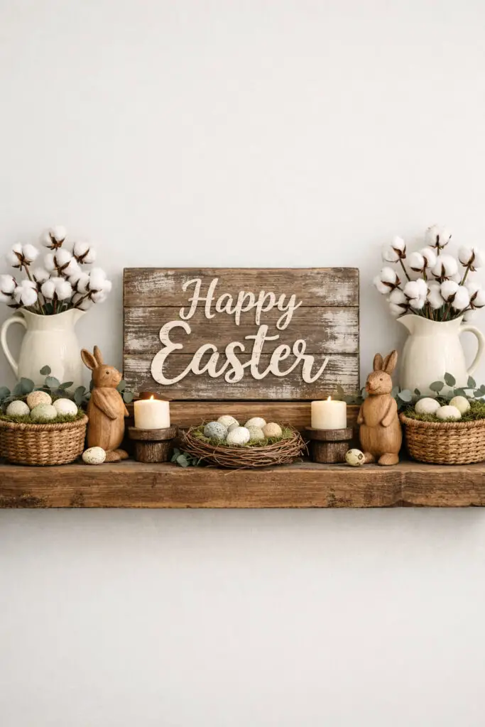 This cozy farmhouse-inspired easter mantel features natural textures and rustic charm. A distressed wooden “Happy Easter” sign anchors the center of the shelf, surrounded by woven baskets filled with moss and decorative eggs. Wooden bunny figurines add warmth to the very well decorate mantel, while eucalyptus branches stretch gently across the display. Neutral ceramic pitchers filled with cotton stems sit at each end, creating balance. The wood tones and earthy materials bring a grounded feeling to the easter mantel, while the arrangement remains uncluttered and minimalist. The entire very well decorate mantel feels warm, inviting, and authentic, combining farmhouse textures with a calm, intentionally minimalist design approach.