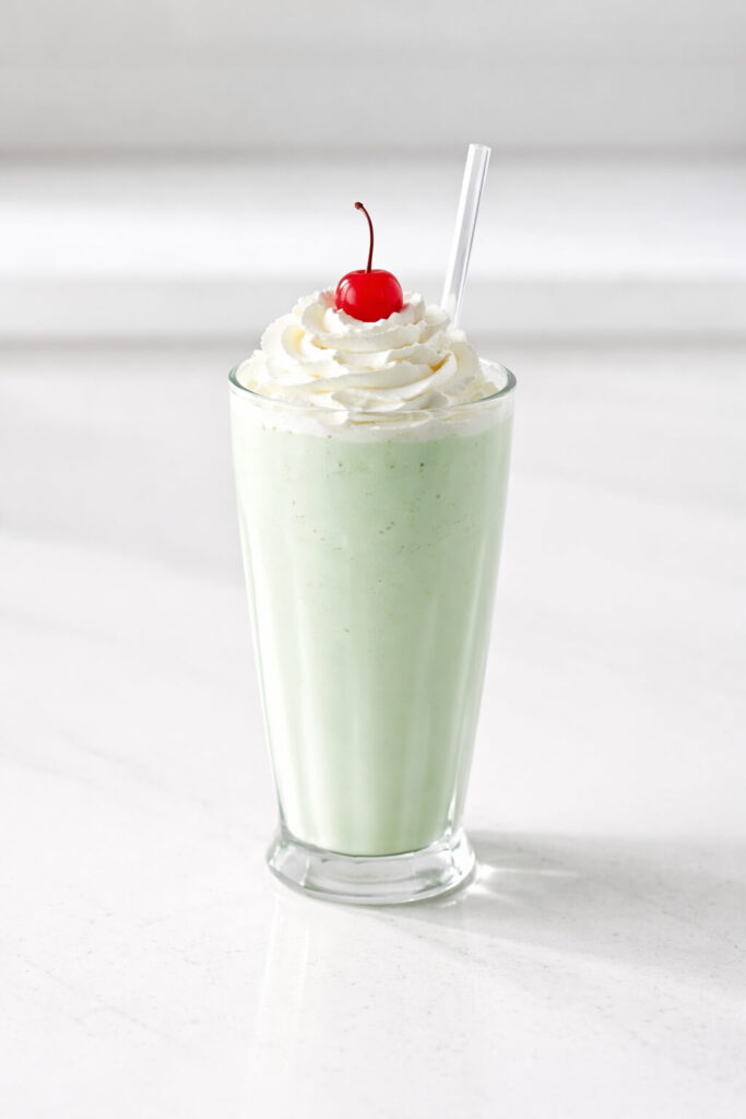 A tall glass of mint milkshake dessert sitting on a small white plate, placed on a bright plain white empty kitchen countertop. The shake is pale green with a thick, creamy consistency, topped with a generous swirl of whipped cream and a bright red cherry centered on top. A clear straw stands upright. Natural light enhances the soft green color and glossy whipped cream, casting delicate shadows along the base of the glass.