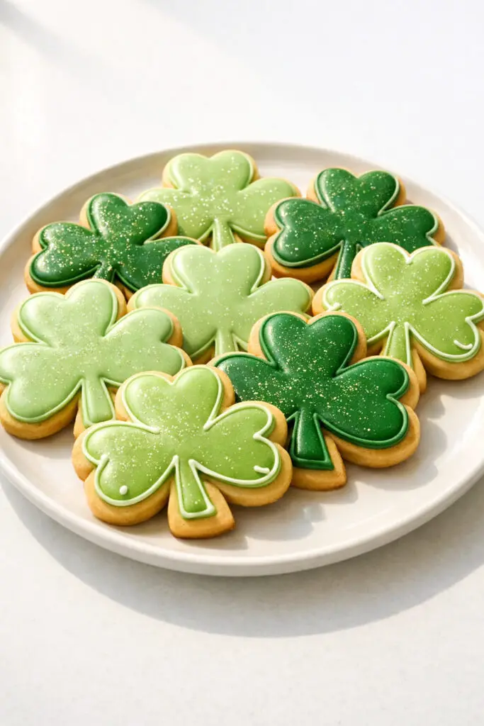 A close-up image of shamrock-shaped sugar cookie dessert arranged neatly on a round white ceramic plate, placed on a bright plain white empty kitchen countertop. The cookies are iced in smooth pastel and vibrant green royal icing with precise piped edges and subtle edible glitter dusting. Some cookies have delicate white icing details outlining the shamrock leaves. The natural light streams from the left side, casting soft, clean shadows and highlighting the glossy finish of the icing and the buttery texture of the cookies.
