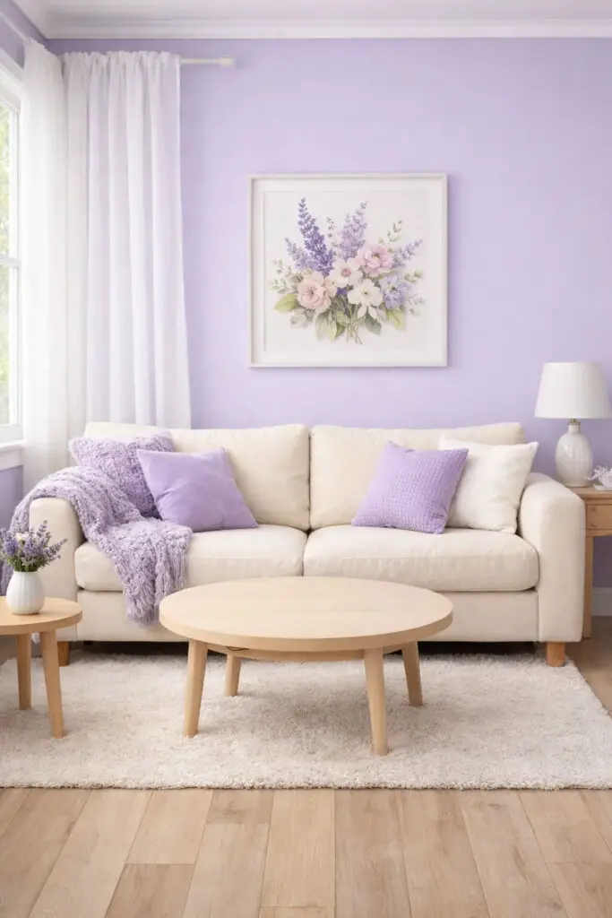 A bright and airy purple living room featuring soft lavender walls that create a light, cheerful atmosphere. The space is a very well decorate living room designed to feel fresh and welcoming. A plush cream-colored very cozy sofa sits beneath a large window, decorated with delicate lavender pillows and a soft knitted throw. In the center is a small round empty coffee table with a pale wood finish, perfectly complementing the minimalist design. White curtains, light wooden flooring, and a simple floral artwork enhance the peaceful mood of the room. The entire space feels soft, elegant, and effortlessly stylish, with lavender accents bringing gentle color without overwhelming the design.