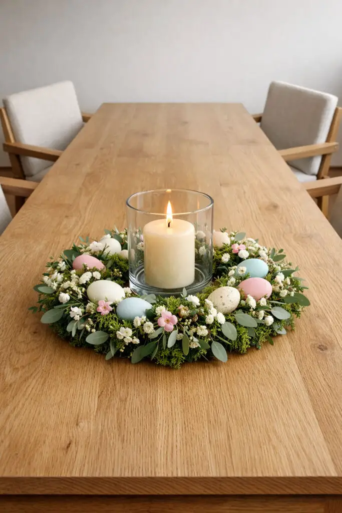 A beautiful easter centerpiece designed with a spring wreath rests gently in the middle of an empty big dining table with a natural oak surface and a clean minimalist aesthetic. The table is surrounded by modern dining chairs with light wooden frames and simple linen upholstery, creating a calm and balanced setting. The wreath is made from fresh greenery, small white flowers, and delicate pastel accents, arranged in a circular form around a glass candle holder placed in the center. The candle and wreath together create a very well decorate centerpiece that feels elegant and seasonal. The open space across the empty big dining table enhances the minimalist style while the surrounding dining chairs provide symmetry and balance.