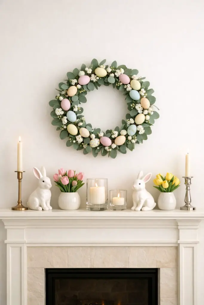 A stunning easter mantel centers around a delicate spring wreath hanging above the fireplace. The wreath is made of eucalyptus leaves, tiny pastel eggs, and small white blossoms. Below it, the shelf forms a very well decorate mantel featuring a balanced arrangement of candle holders, ceramic bunnies, and small vases filled with tulips. The decorations are spaced thoughtfully so each piece stands out, maintaining a clean minimalist composition. Soft natural light highlights the pastel tones and greenery, making the easter mantel feel bright and seasonal. The entire very well decorate mantel design is simple yet elegant, reflecting a calm minimalist approach to holiday decorating.