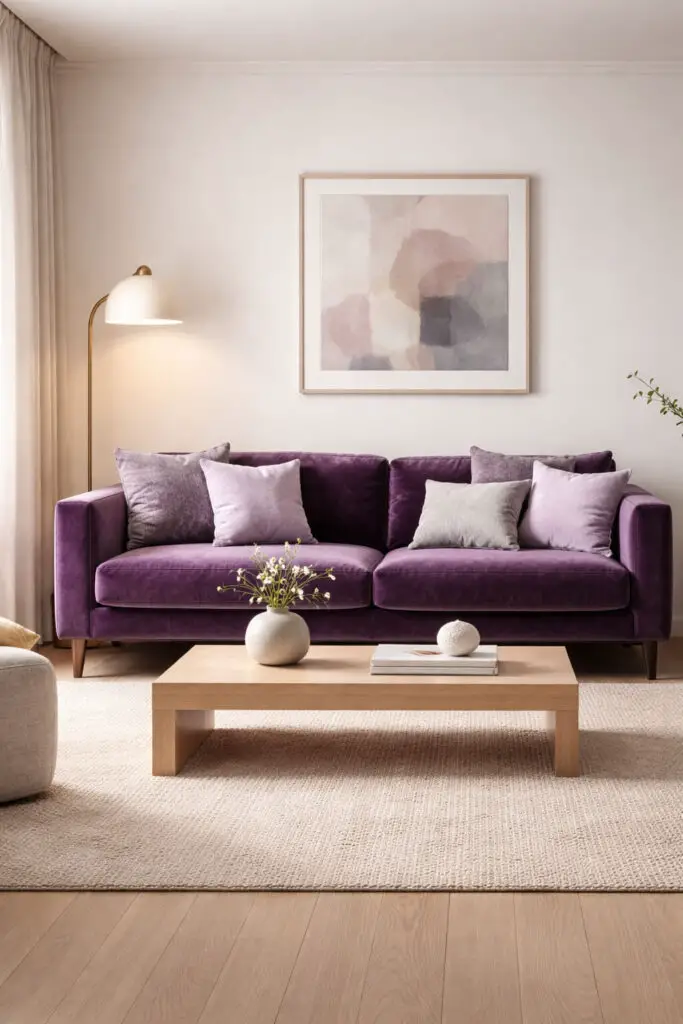 A stylish purple living room centered around a luxurious velvet amethyst sofa that immediately draws attention. The room is a very well decorate living room with a carefully balanced layout and modern touches. The very cozy sofa sits comfortably against a neutral off-white wall and is layered with textured pillows in lavender, lilac, and soft gray tones. In front of the seating area rests a sleek rectangular empty coffee table made of light wood, contributing to the minimalist look of the space. Soft lighting from a modern floor lamp highlights the rich purple upholstery, while a textured neutral rug adds warmth beneath the furniture. The room feels open, airy, and curated, with a few carefully chosen decorative elements such as a single sculptural vase and a framed abstract art piece.