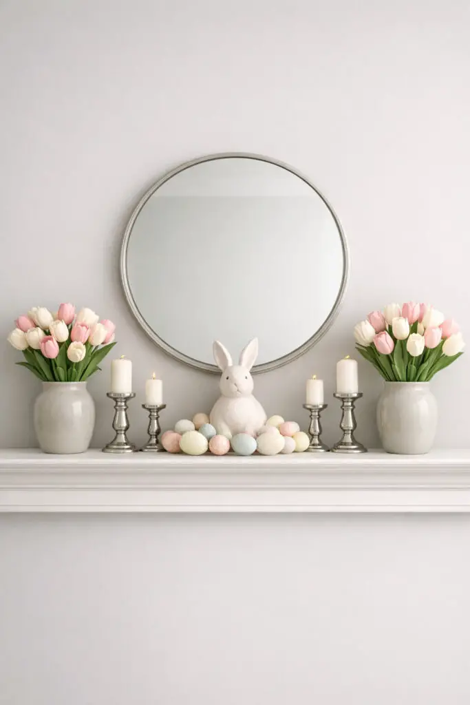 A perfectly balanced easter mantel showcases a symmetrical arrangement that feels polished and elegant. Two identical vases filled with pastel tulips stand on each end of the shelf. Between them sits a ceramic bunny centerpiece surrounded by small decorative eggs. Matching candle holders frame the display, creating a very well decorate mantel that feels structured and harmonious. The symmetrical layout naturally supports a clean minimalist design, allowing each piece to shine without overcrowding the shelf. The easter mantel appears calm and organized, demonstrating how a very well decorate mantel can achieve a refined minimalist look through thoughtful balance.