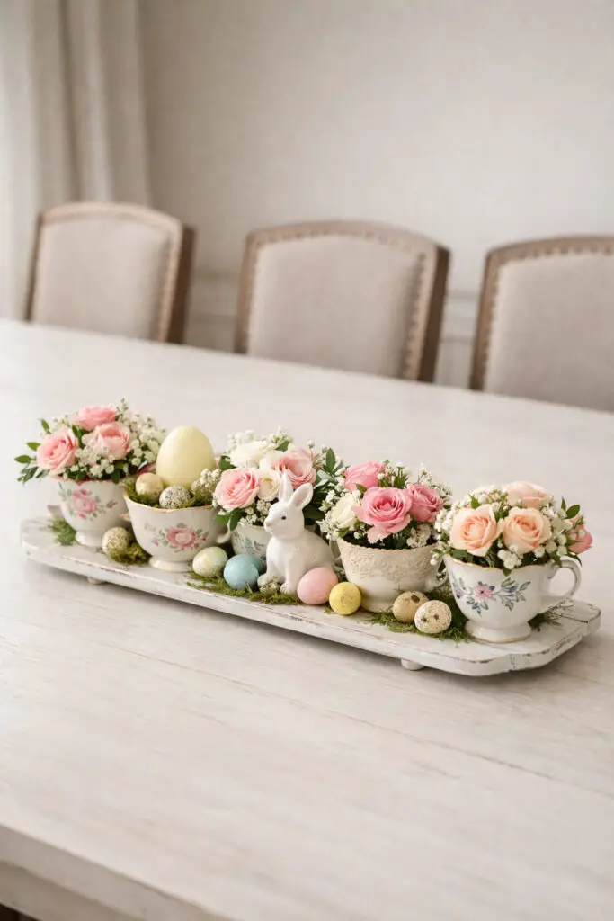 A charming easter centerpiece made from vintage teacups decorates the center of an empty big dining table with a soft white finish. Surrounding the table are minimalist dining chairs with simple wooden legs and light neutral upholstery that keep the setting calm and elegant. Several delicate porcelain teacups with subtle floral patterns are arranged along a small tray and filled with miniature bouquets of roses, baby's breath, and fresh greenery. The delicate floral cups form a very well decorate centerpiece that feels whimsical and sophisticated at the same time. The empty big dining table provides ample space around the display, maintaining the minimalist atmosphere while the dining chairs frame the arrangement neatly.