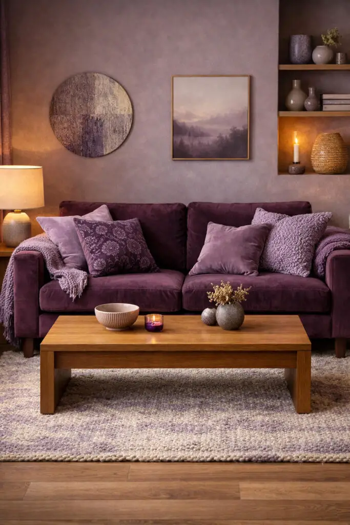 A warm and layered purple living room designed around the concept of texture and depth. The room is a very well decorate living room where different purple fabrics and materials create a rich yet cozy atmosphere. A plush plum velvet very cozy sofa anchors the space, surrounded by lavender knitted throws, embroidered purple cushions, and a soft woven rug. At the center sits a clean-lined wooden empty coffee table, reinforcing the calm minimalist arrangement of the furniture. Subtle wall décor, gentle ambient lighting, and neatly arranged shelves add to the layered visual interest while keeping the overall space balanced, inviting, and stylish.
