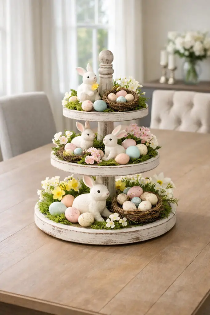 A stylish Easter dining scene features an empty large dining table with a decorative tiered tray placed at the center as a layered easter centerpiece. Each tier is thoughtfully styled with miniature bunny figurines, pastel eggs, tiny nests, moss accents, and petite spring flowers, resulting in a very well decorate centerpiece rich in detail and height. Despite the layered arrangement, the overall design still feels minimalist because the décor is neatly contained within the tray, leaving the rest of the tabletop open and uncluttered. A set of coordinated dining chairs surrounds the table, reinforcing the formal yet welcoming look of the room. Soft daylight brings attention to the different textures—smooth ceramic, natural moss, delicate petals, and lightly speckled eggs—creating an image that feels festive, organized, and beautifully composed for Easter entertaining.