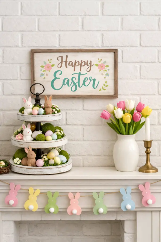 This charming easter mantel features a decorative tiered tray placed slightly to one side of the shelf. The tray holds tiny bunny figurines, pastel eggs, moss balls, and miniature flowers arranged neatly on each tier. The tray acts as a focal point within the very well decorate mantel display. On the other side of the shelf, a simple vase with tulips and a candle holder balance the composition. The spacing between objects maintains a tidy minimalist structure, preventing the display from feeling crowded. The easter mantel looks playful yet polished, with the very well decorate mantel combining charm and minimalist organization.