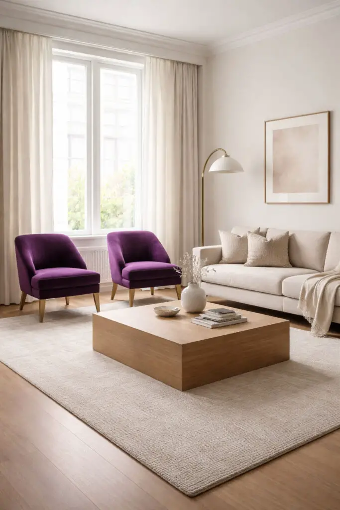 A chic purple living room featuring two luxurious velvet purple accent chairs positioned beside a large window. The room is a very well decorate living room with a calm and balanced design. Nearby sits a plush neutral very cozy sofa that adds comfort and softness to the space. In the center of the seating arrangement is a sleek square empty coffee table made of natural wood, emphasizing the minimalist style. A textured neutral rug grounds the furniture while soft lighting from a modern floor lamp highlights the rich purple velvet fabric. The room is styled with only a few decorative elements, including a simple framed artwork and a ceramic vase, creating a refined yet welcoming atmosphere.