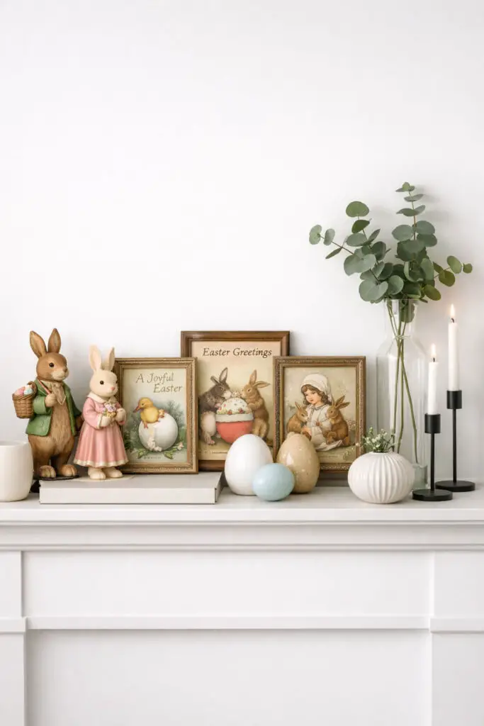 A unique easter mantel blends nostalgic vintage elements with sleek modern decor. Antique-style bunny figurines with soft pastel colors sit beside contemporary glass vases and minimal candle holders. Old-fashioned Easter postcards are framed and leaned against the wall, adding charming history to the very well decorate mantel display. Modern ceramic eggs and simple greenery bring freshness to the design. The contrast between old and new pieces creates depth while still maintaining a carefully spaced minimalist arrangement. This easter mantel feels curated and personal, proving that a very well decorate mantel can mix styles beautifully while preserving a calm minimalist aesthetic.
