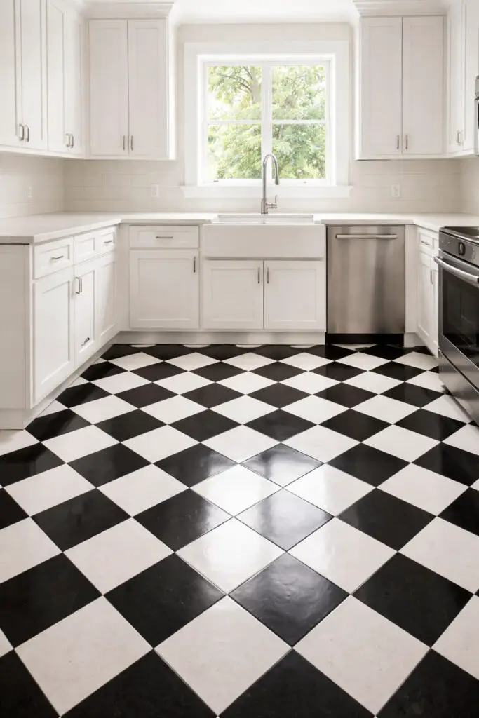 Bright modern kitchen with checkerboard floor