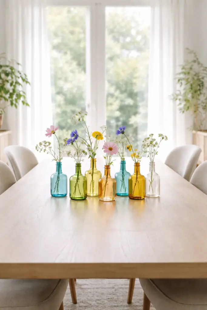 Colorful flower centerpiece in airy dining room